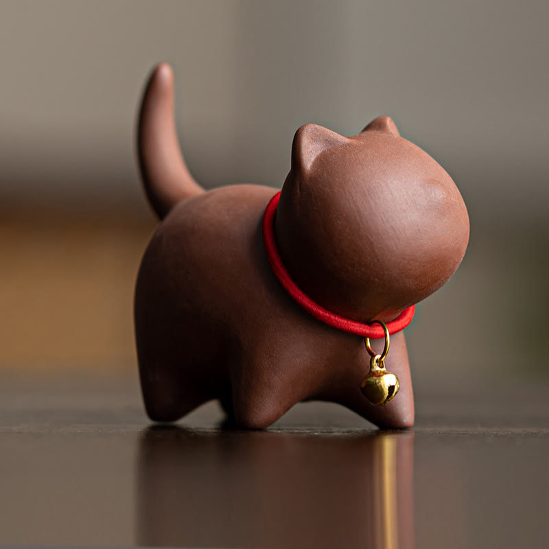 Buddha Stonesミニラブリーレッドロープベルキャットティーペットパープル粘土置物デスクデコレーション - 茶色の猫（6.7×5.0×5.7cm） - image 2