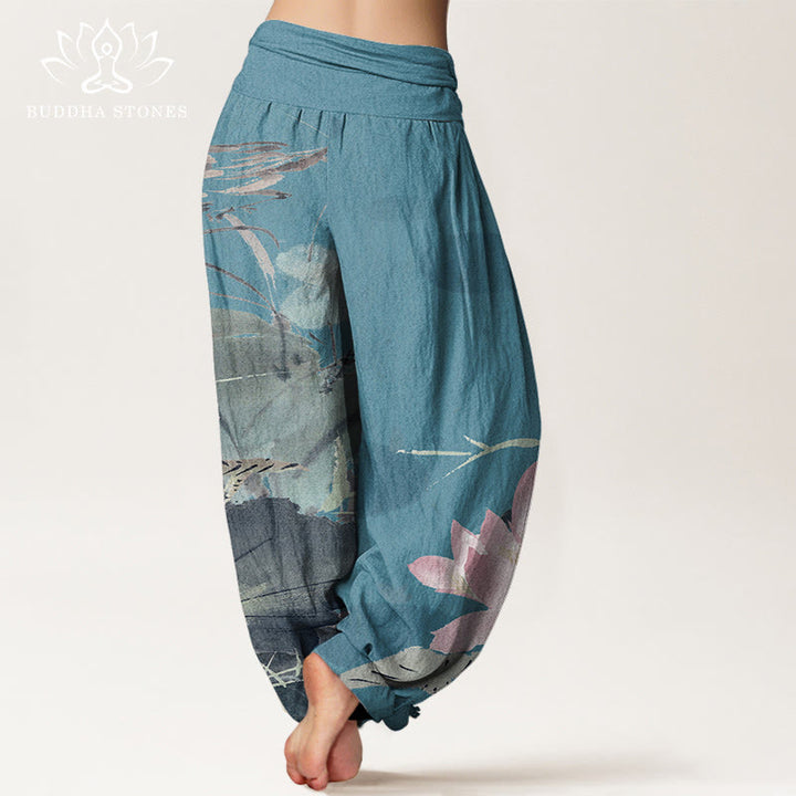 Buddha Stonesピンク蓮の葉鳥柄レディース伸縮性ウエストハーレムパンツ - image 7