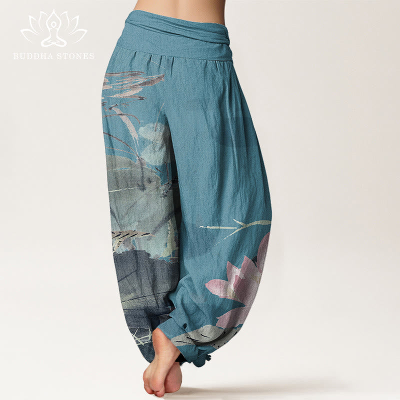 Buddha Stonesコットンピンク蓮の葉鳥柄レディース伸縮性ウエストハーレムパンツ - image 6