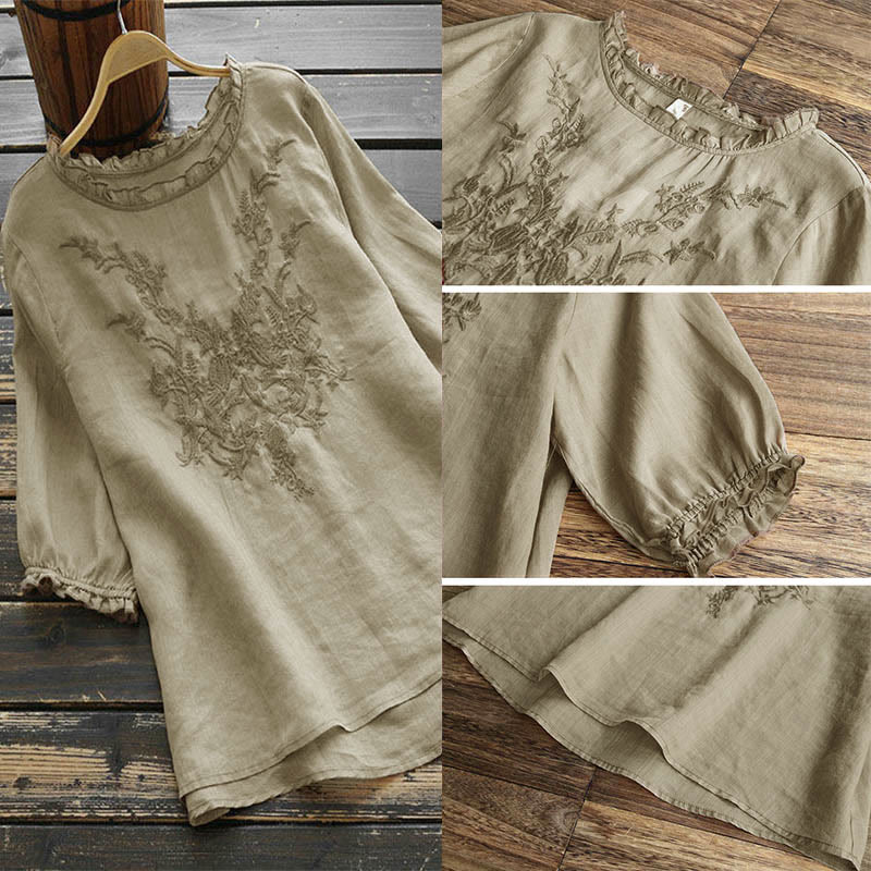 Buddha Stonesレディース フラワー刺繍デザイン クルーネック Tシャツ - image 1