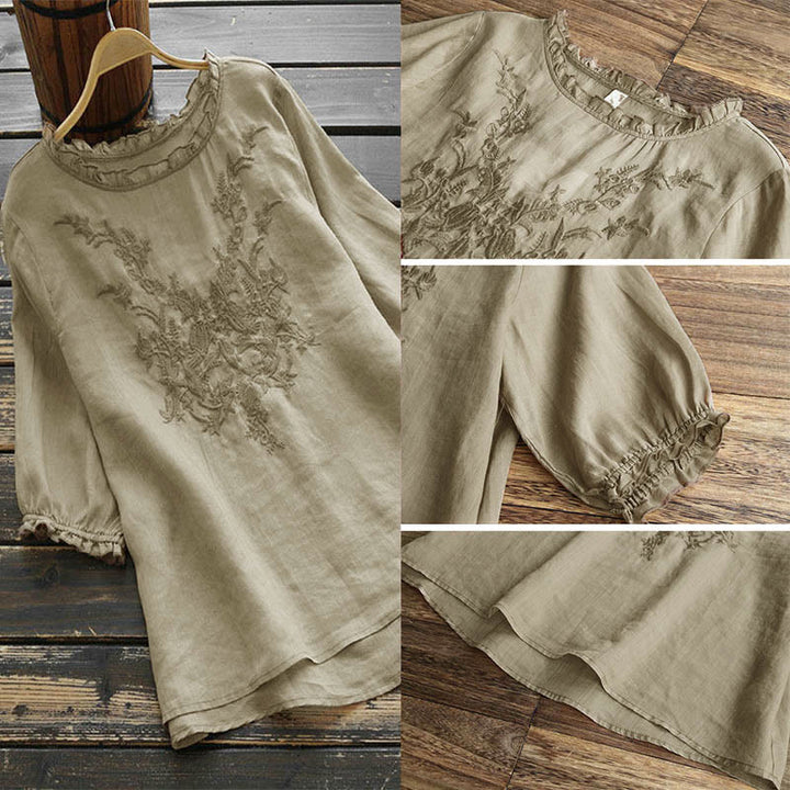 Buddha Stonesレディース フラワー刺繍デザイン クルーネック Tシャツ - image 1