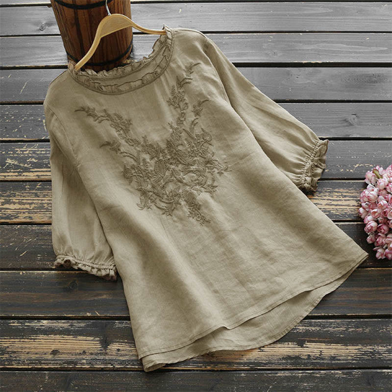 Buddha Stonesレディース フラワー刺繍デザイン クルーネック Tシャツ - バーリーウッド - US14、 UK/AU18、 EU46 (4XL) - image 0
