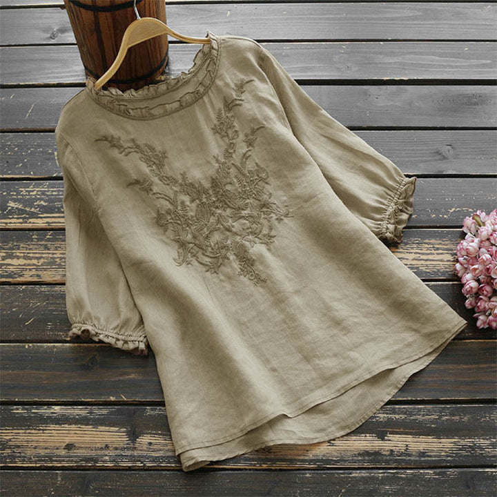 Buddha Stonesレディース フラワー刺繍デザイン クルーネック Tシャツ - バーリーウッド - US14、 UK/AU18、 EU46 (4XL) - image 0