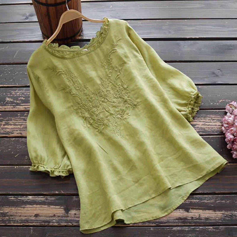Buddha Stonesレディース フラワー刺繍デザイン クルーネック Tシャツ - 黄緑 - US14、 UK/AU18、 EU46 (4XL) - image 11