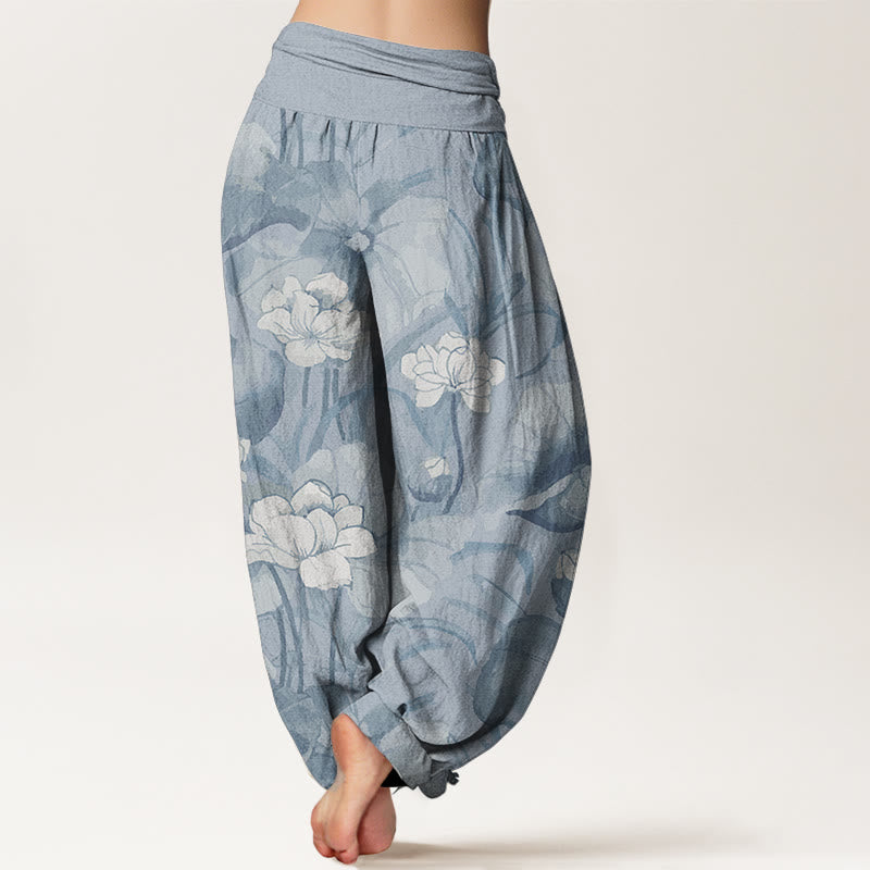 Buddha Stonesピュアコットン ロータスデザイン レディース 伸縮性ウエスト ハーレムパンツ