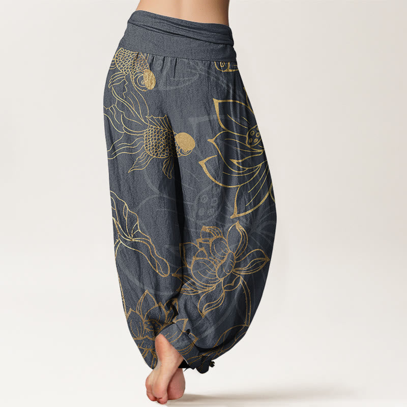 Buddha Stones純綿 蓮の葉 鯉 レディース 伸縮性ウエスト ハーレムパンツ - image 6