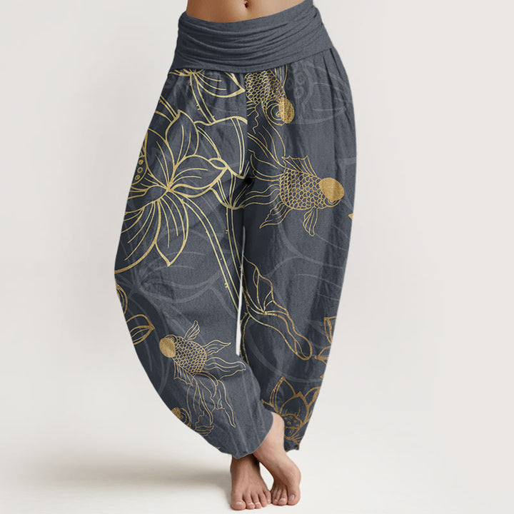 Buddha Stones純綿 蓮の葉 鯉 レディース 伸縮性ウエスト ハーレムパンツ - 薄暗い灰色 - US22、 UK/AU26、 EU54 (6XL) - image 5