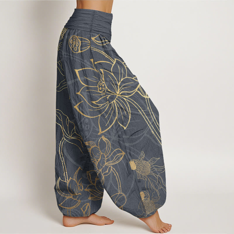 Buddha Stones純綿 蓮の葉 鯉 レディース 伸縮性ウエスト ハーレムパンツ - image 7