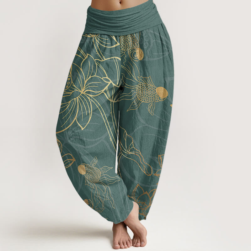 Buddha Stones純綿 蓮の葉 鯉 レディース 伸縮性ウエスト ハーレムパンツ - ダークシアン - US22、 UK/AU26、 EU54 (6XL) - image 0