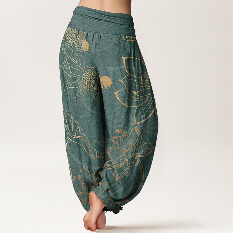 Buddha Stones純綿 蓮の葉 鯉 レディース 伸縮性ウエスト ハーレムパンツ - image 1
