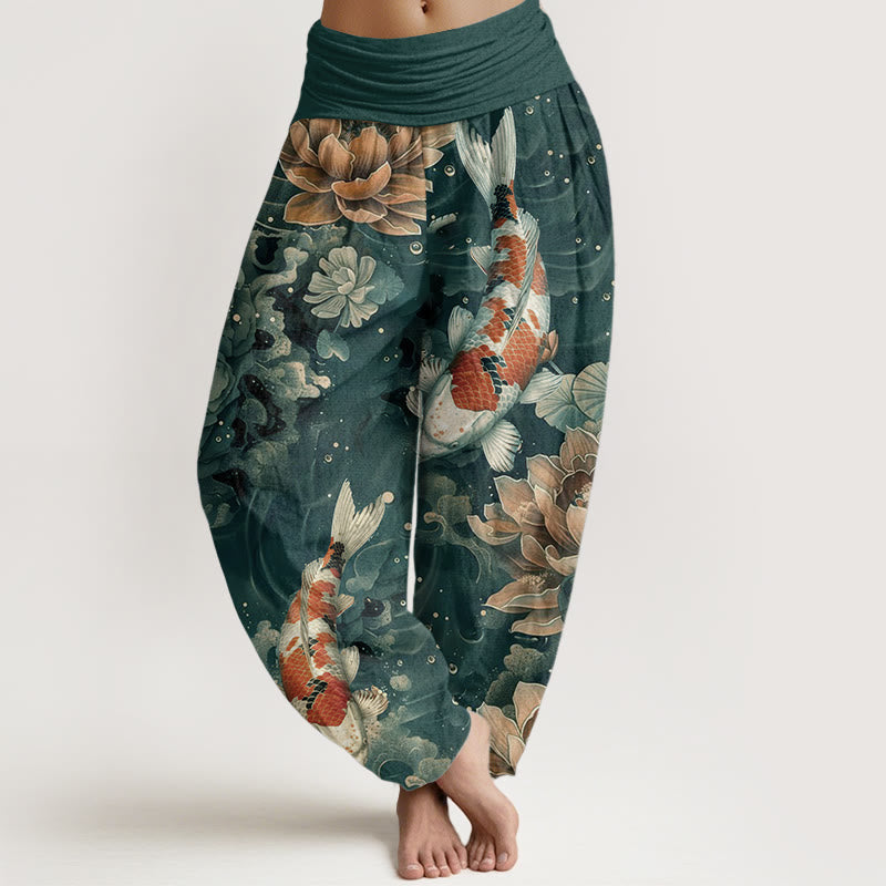 Buddha Stones純綿 カラフル 鯉 蓮の花 デザイン レディース 伸縮性ウエスト ハーレムパンツ - ライトシーグリーン - US22、 UK/AU26、 EU54 (6XL) - image 0