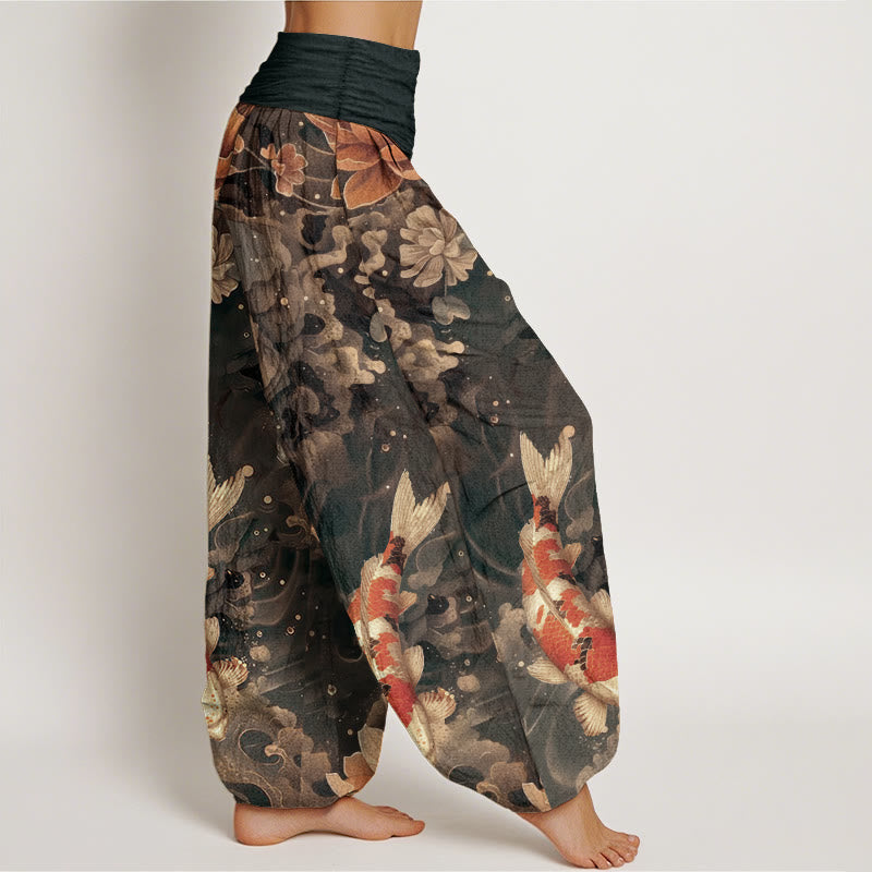Buddha Stones純綿 カラフル 鯉 蓮の花 デザイン レディース 伸縮性ウエスト ハーレムパンツ - image 8