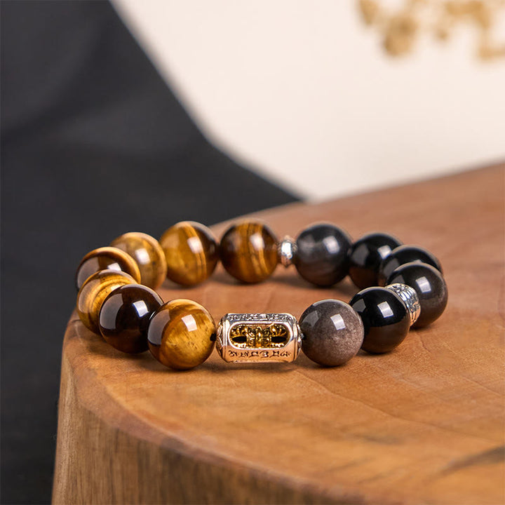 Buddha Stones天然銀光沢黒曜石タイガーアイ金剛杵守護ブレスレット
