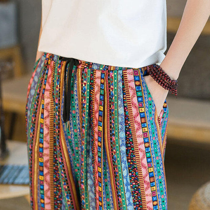 Buddha Stonesのカラフルなストライプ柄コットンリネンメンズアンクル丈ハーレムパンツ（ポケット付き） - image 27