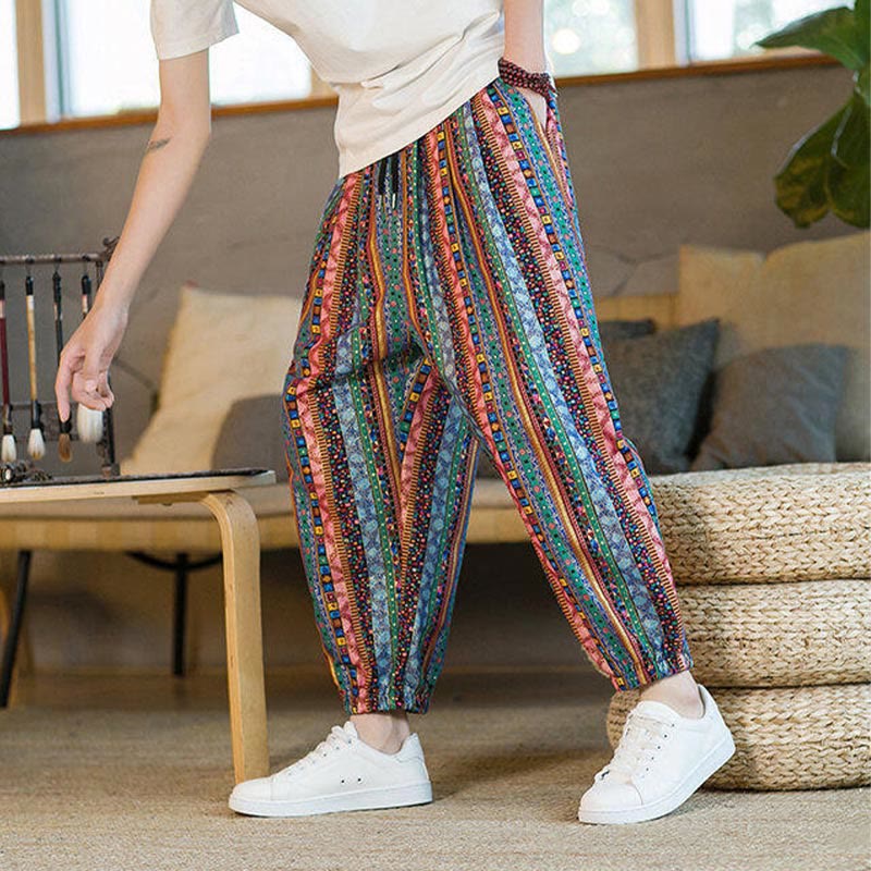 Buddha Stonesのカラフルなストライプ柄コットンリネンメンズアンクル丈ハーレムパンツ（ポケット付き） - image 24