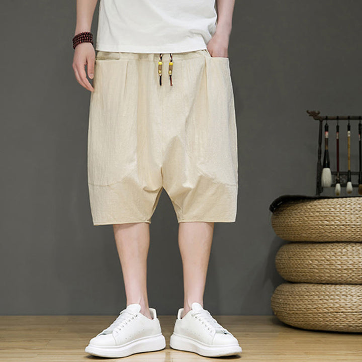 Buddha Stonesカジュアル ドローストリング コットンリネン メンズ カプリ ハーレムパンツ ポケット付き - image 2