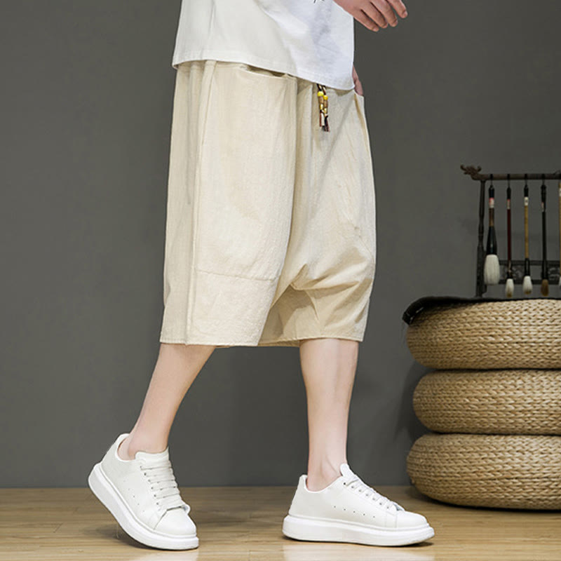 Buddha Stonesカジュアル ドローストリング コットンリネン メンズ カプリ ハーレムパンツ ポケット付き - image 4