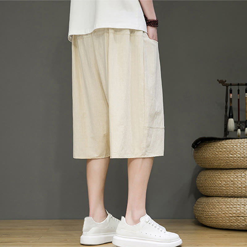 Buddha Stonesカジュアル ドローストリング コットンリネン メンズ カプリ ハーレムパンツ ポケット付き - image 3