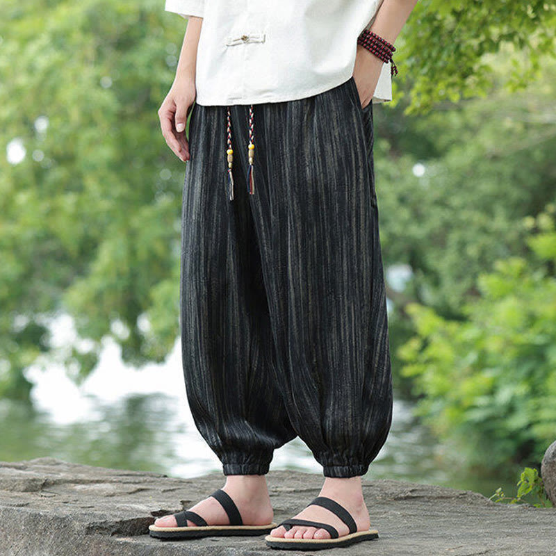 Buddha Stones夏用 ブラックストライプ ドローストリング メンズ ハーレムパンツ ポケット付き - image 6