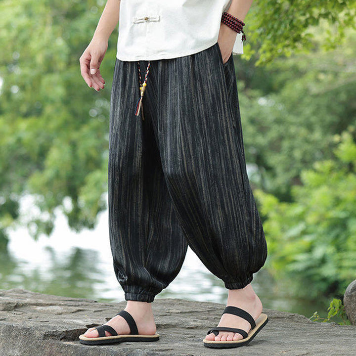 Buddha Stones夏用 ブラックストライプ ドローストリング メンズ ハーレムパンツ ポケット付き - image 8