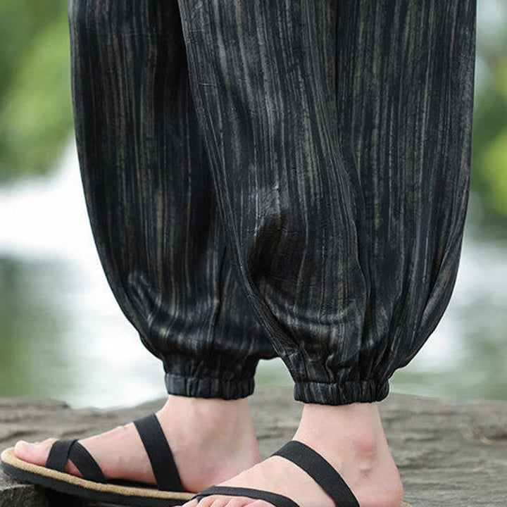 Buddha Stones夏用 ブラックストライプ ドローストリング メンズ ハーレムパンツ ポケット付き - image 12