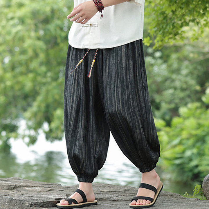 Buddha Stones夏用 ブラックストライプ ドローストリング メンズ ハーレムパンツ ポケット付き - 黒 - US/UK/AU46、 EU56 (5XL) - image 0