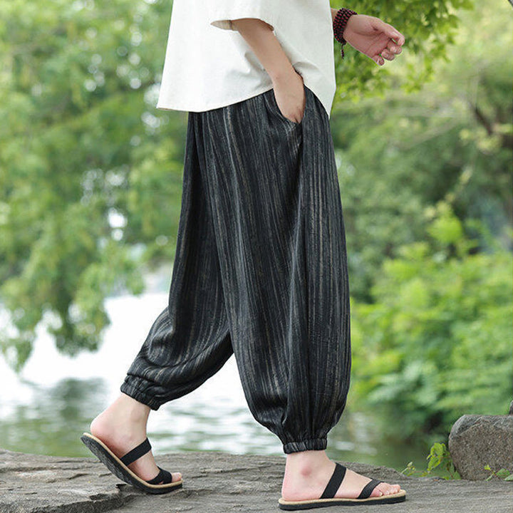 Buddha Stones夏用 ブラックストライプ ドローストリング メンズ ハーレムパンツ ポケット付き - image 3