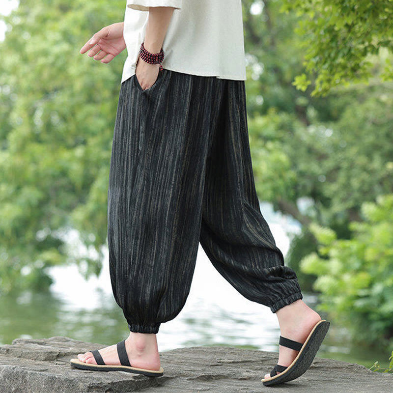 Buddha Stones夏用 ブラックストライプ ドローストリング メンズ ハーレムパンツ ポケット付き - image 4