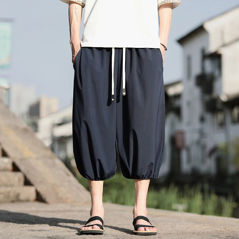 Buddha Stones無地ドローストリング メンズ カプリ クロップド ハーレムパンツ ポケット付き - スティールブルー - US/UK/AU46、 EU56 (5XL) - image 0