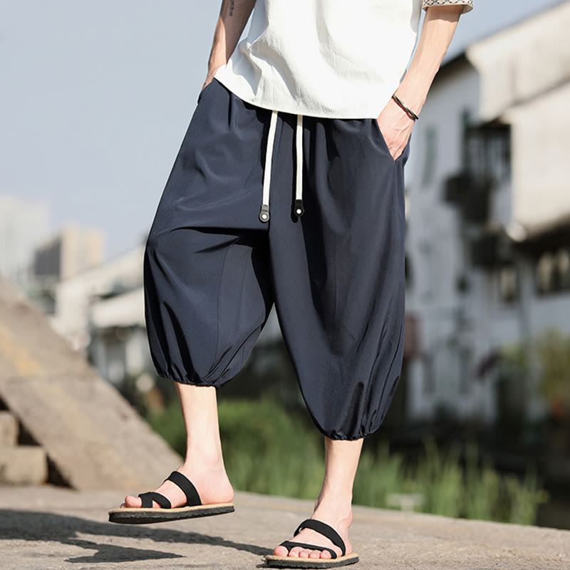 Buddha Stones無地ドローストリング メンズ カプリ クロップド ハーレムパンツ ポケット付き - image 7