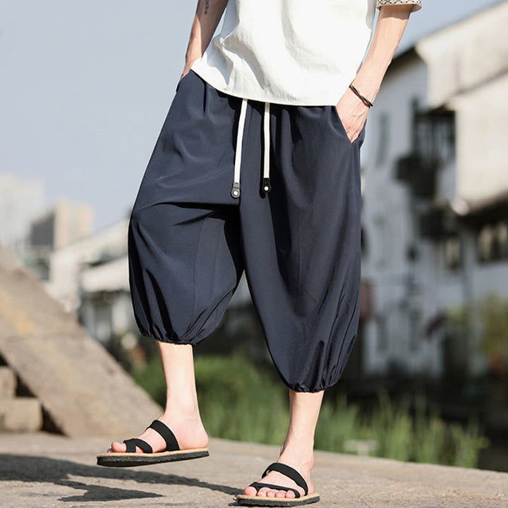 Buddha Stones無地ドローストリング メンズ カプリ クロップド ハーレムパンツ ポケット付き - image 7