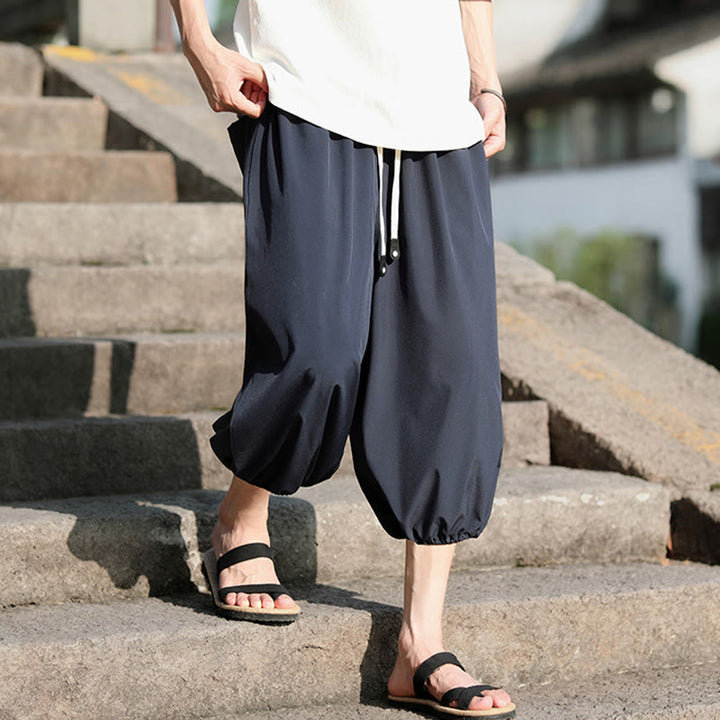 Buddha Stones無地ドローストリング メンズ カプリ クロップド ハーレムパンツ ポケット付き - image 3