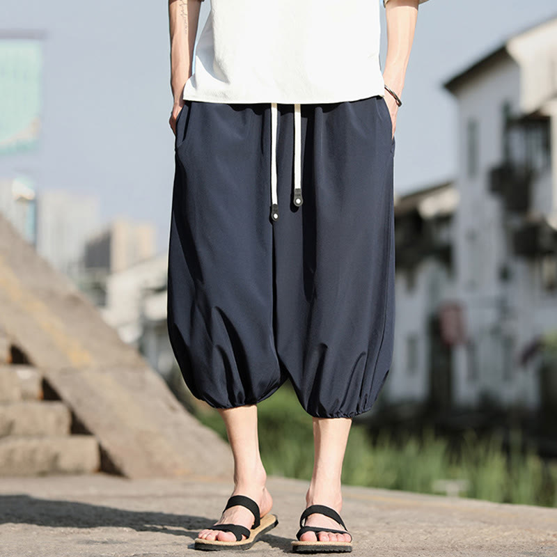 Buddha Stones無地ドローストリング メンズ カプリ クロップド ハーレムパンツ ポケット付き - image 5