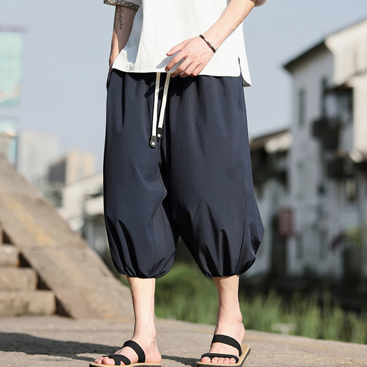 Buddha Stones無地ドローストリング メンズ カプリ クロップド ハーレムパンツ ポケット付き - image 6