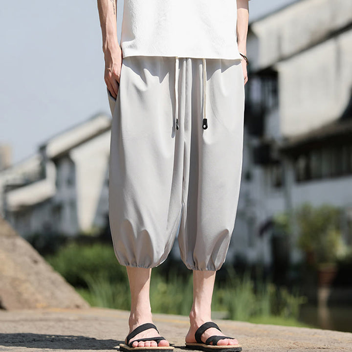 Buddha Stones無地ドローストリング メンズ カプリ クロップド ハーレムパンツ ポケット付き - image 12