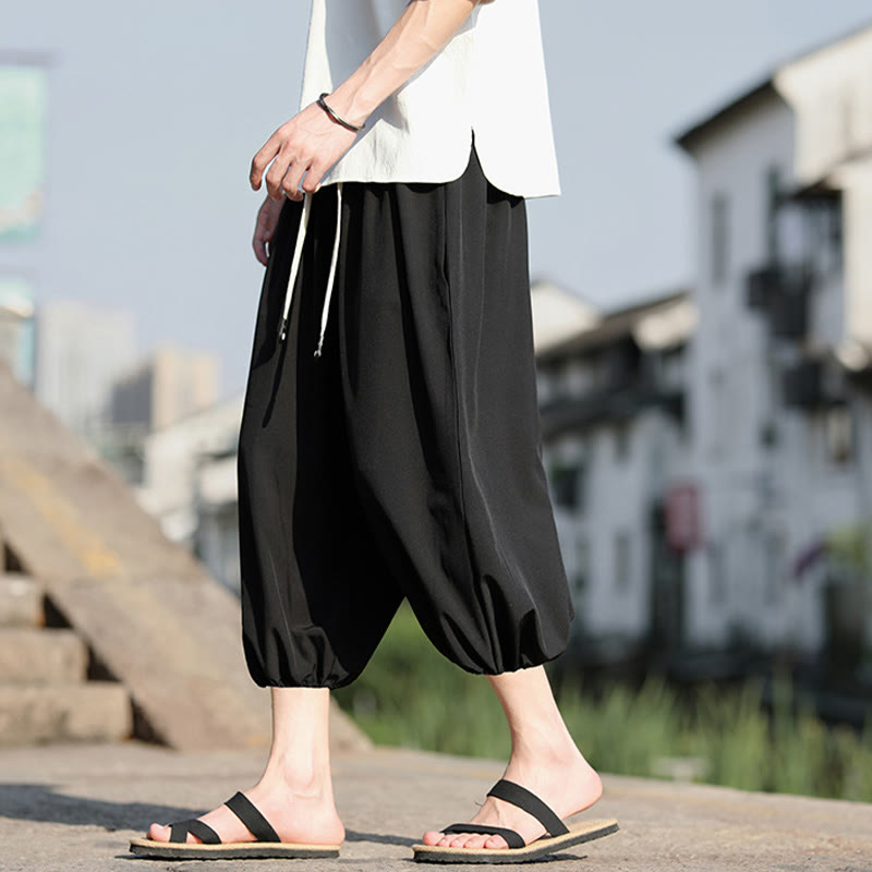 Buddha Stones無地ドローストリング メンズ カプリ クロップド ハーレムパンツ ポケット付き