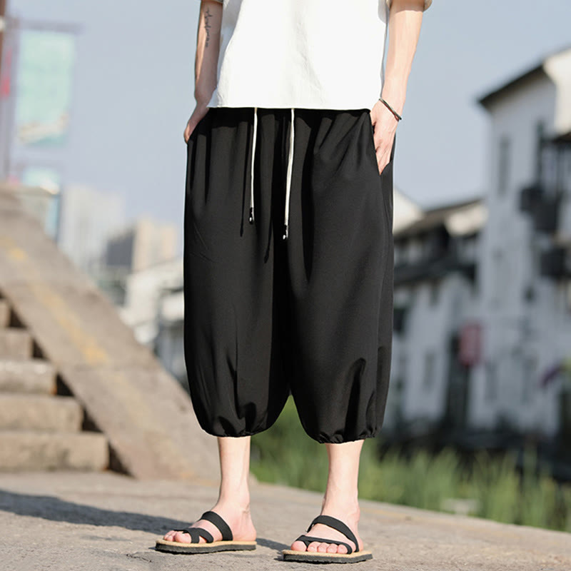 Buddha Stones無地ドローストリング メンズ カプリ クロップド ハーレムパンツ ポケット付き - image 19