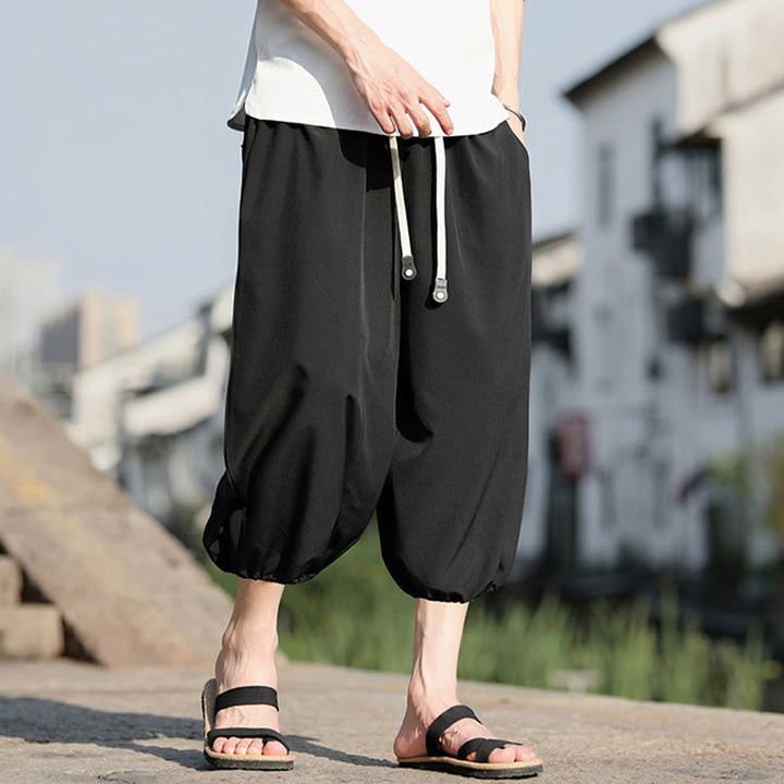 Buddha Stones無地ドローストリング メンズ カプリ クロップド ハーレムパンツ ポケット付き - image 17