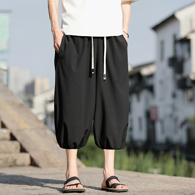 Buddha Stones無地ドローストリング メンズ カプリ クロップド ハーレムパンツ ポケット付き - image 20