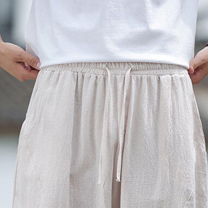 Buddha Stones無地ドローストリング メンズ 伸縮性ウエストバンド コットンリネン パンツ ポケット付き - image 8