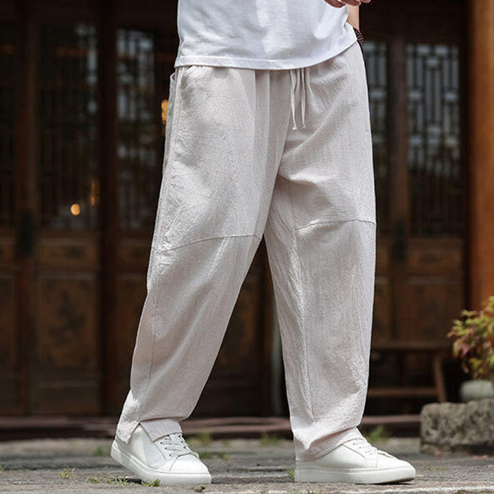 Buddha Stones無地ドローストリング メンズ 伸縮性ウエストバンド コットンリネン パンツ ポケット付き - image 3