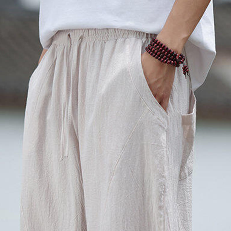 Buddha Stones無地ドローストリング メンズ 伸縮性ウエストバンド コットンリネン パンツ ポケット付き - image 9