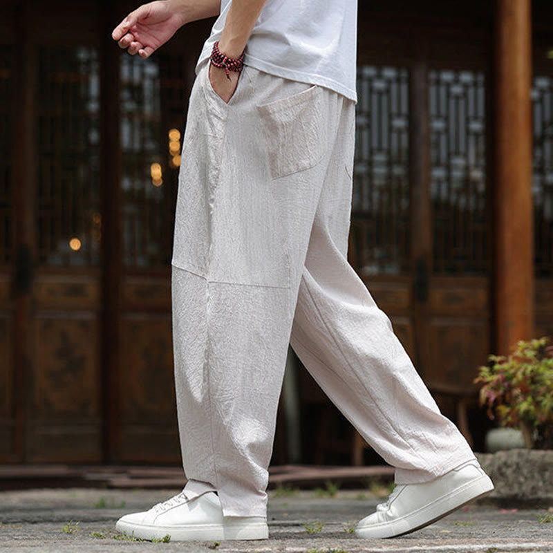 Buddha Stones無地ドローストリング メンズ 伸縮性ウエストバンド コットンリネン パンツ ポケット付き - image 5
