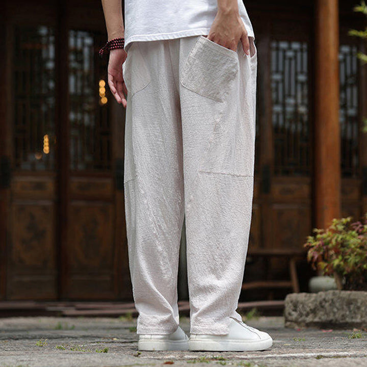 Buddha Stones無地ドローストリング メンズ 伸縮性ウエストバンド コットンリネン パンツ ポケット付き - image 4