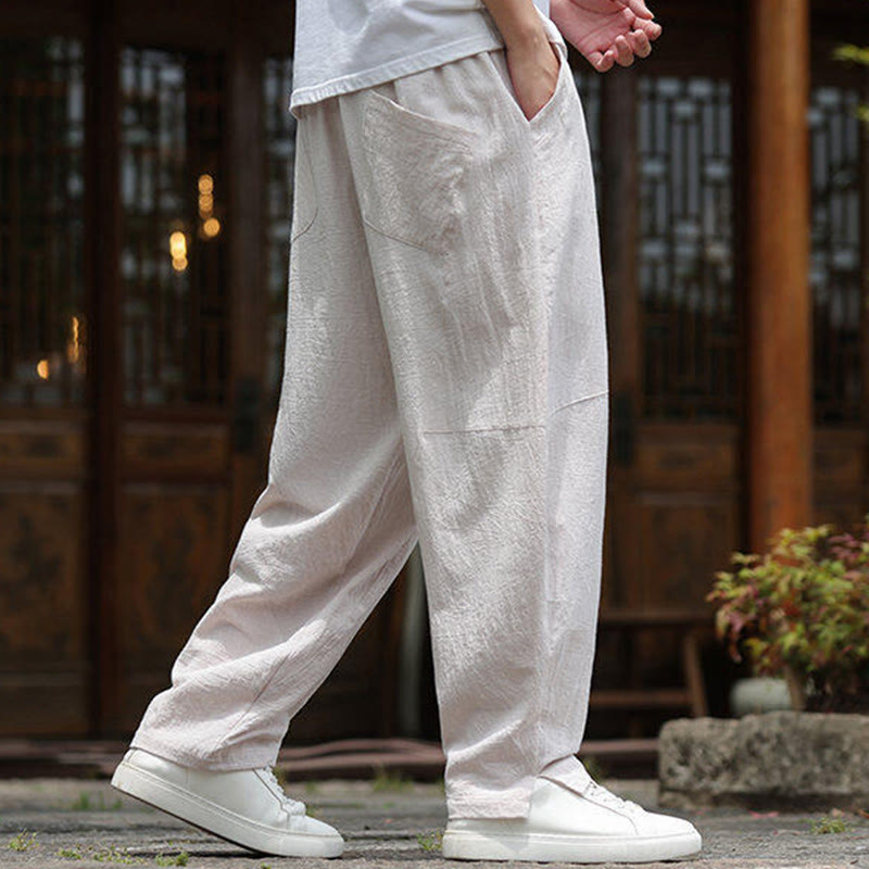 Buddha Stones無地ドローストリング メンズ 伸縮性ウエストバンド コットンリネン パンツ ポケット付き - image 2