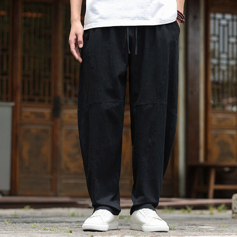 Buddha Stones無地ドローストリング メンズ 伸縮性ウエストバンド コットンリネン パンツ ポケット付き - image 17