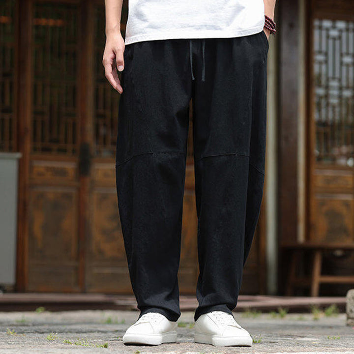Buddha Stones無地ドローストリング メンズ 伸縮性ウエストバンド コットンリネン パンツ ポケット付き - image 17