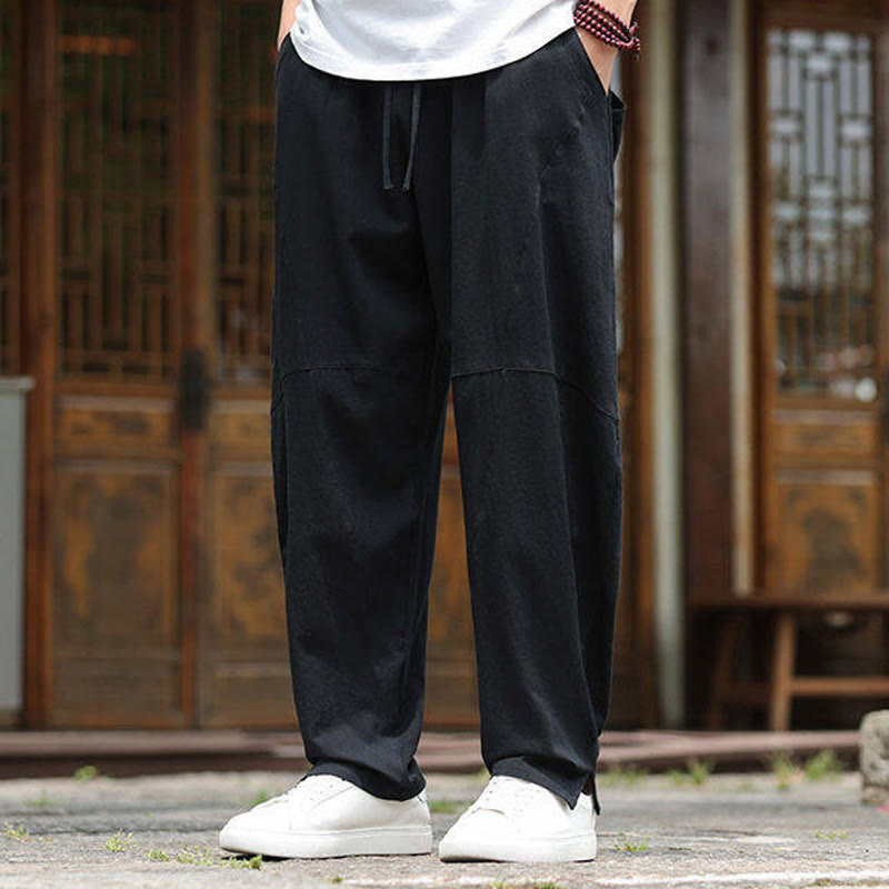 Buddha Stones無地ドローストリング メンズ 伸縮性ウエストバンド コットンリネン パンツ ポケット付き - image 16