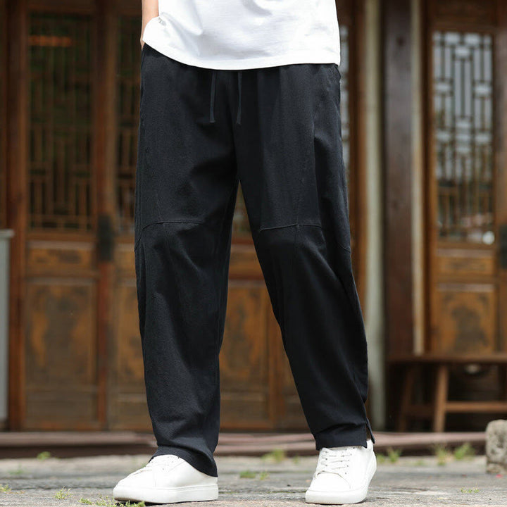 Buddha Stones無地ドローストリング メンズ 伸縮性ウエストバンド コットンリネン パンツ ポケット付き - image 11