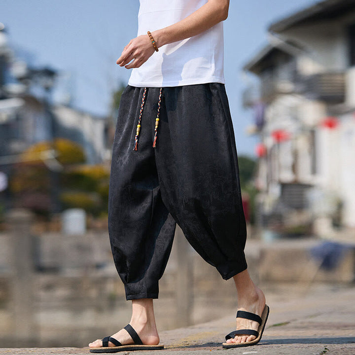 Buddha Stones夏 キャラクター 刺繍 デザイン ドローストリング メンズ 7-8丈 ポケット付きパンツ - 黒 - US/UK/AU46、 EU56 (5XL) - image 0